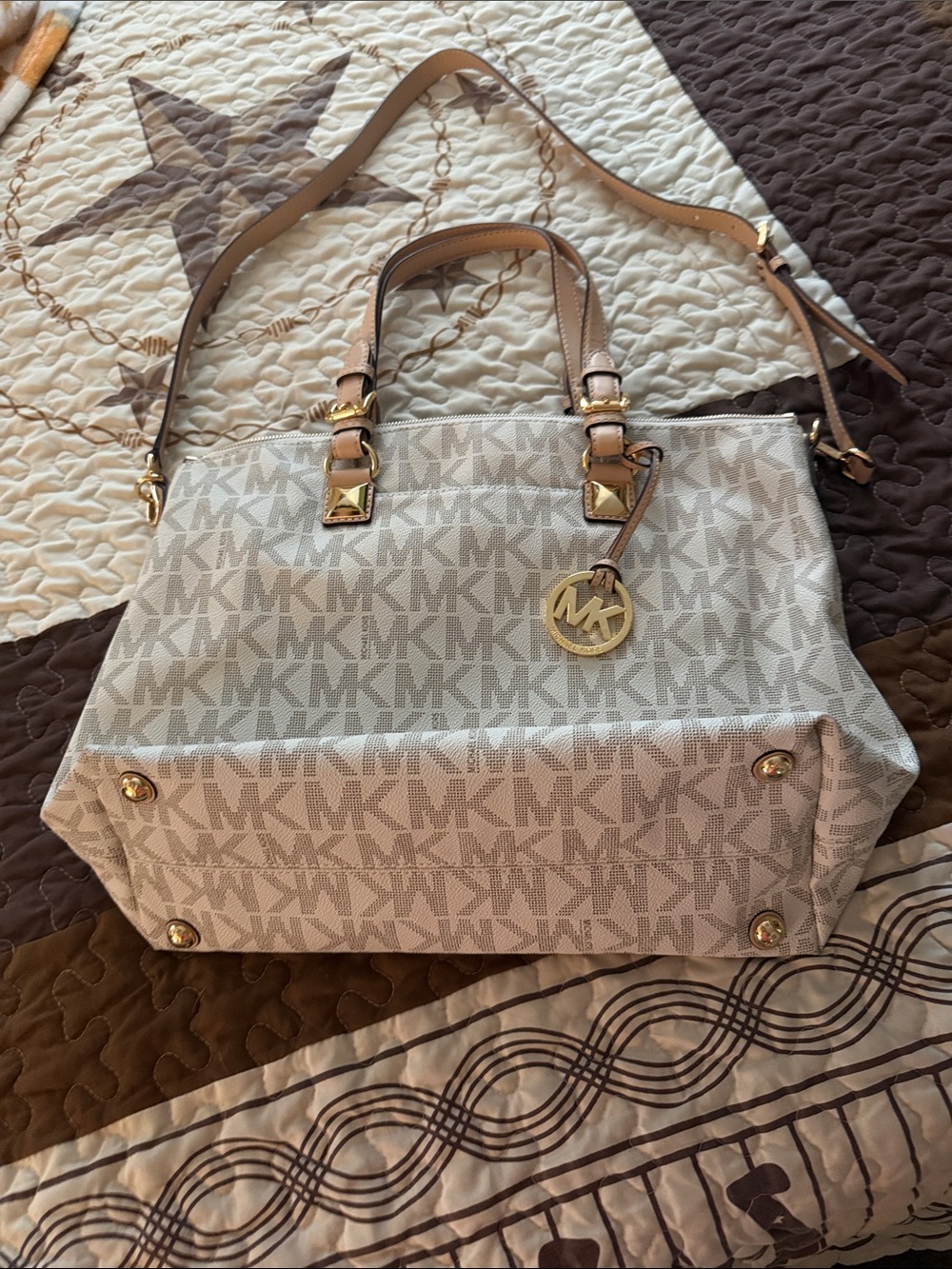 Michael Kors Cream/Beige MK Signature Tote with Gold Hardware